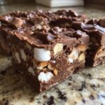 A close-up of thick, rich rocky road fudge squares loaded with marshmallows and nuts.