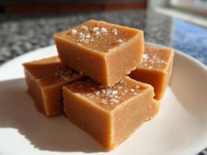 Four squares of rich, brown maple fudge topped with flaky sea salt, stacked on a white plate.