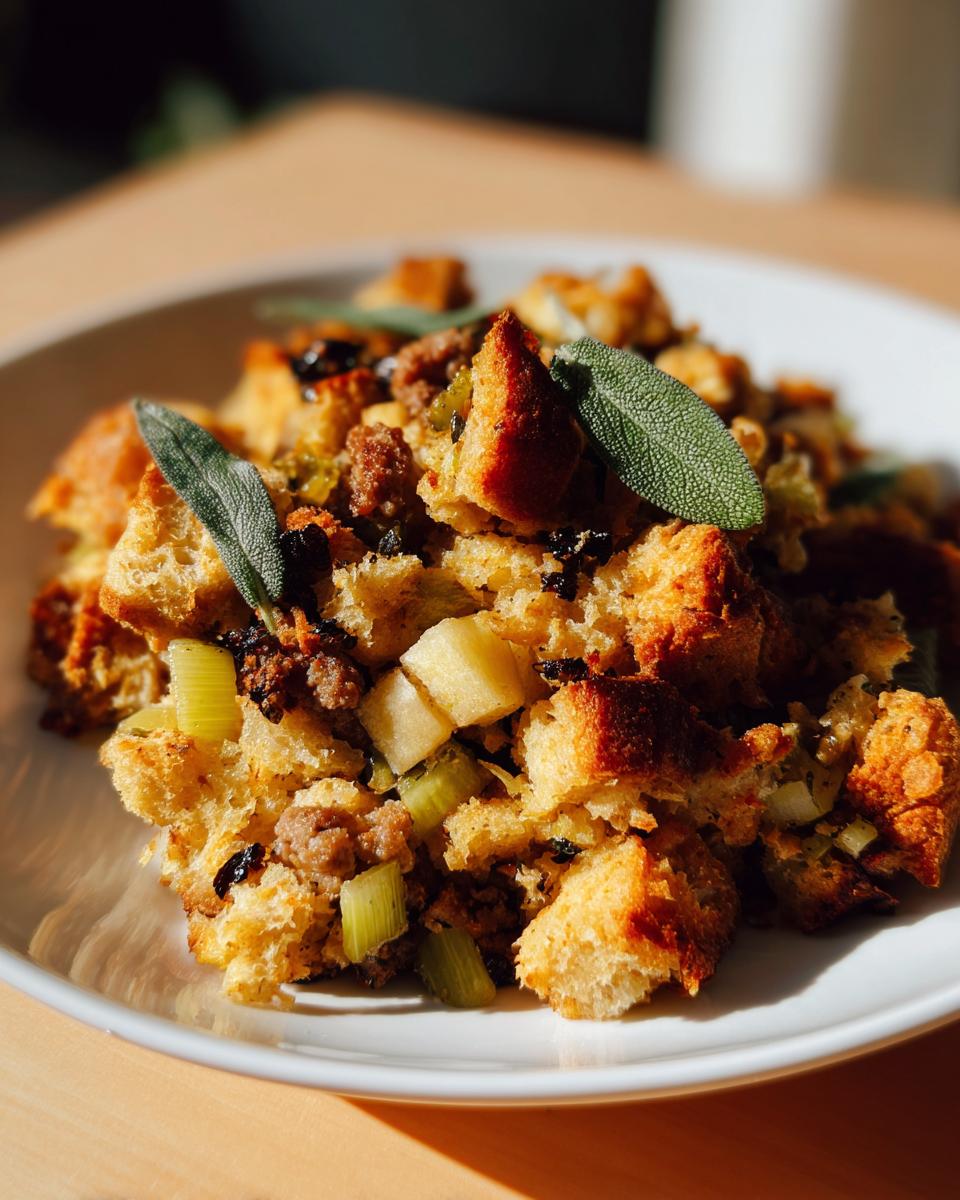 A close-up of fluffy sausage stuffing featuring bread cubes, celery, and fresh sage leaves.