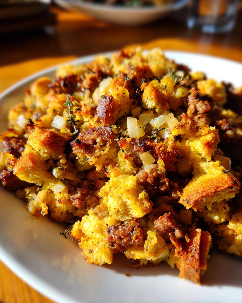 Close-up of golden brown sausage stuffing featuring bread cubes, crumbled sausage, and diced onions, highlighting the texture of the sausage stuffing.