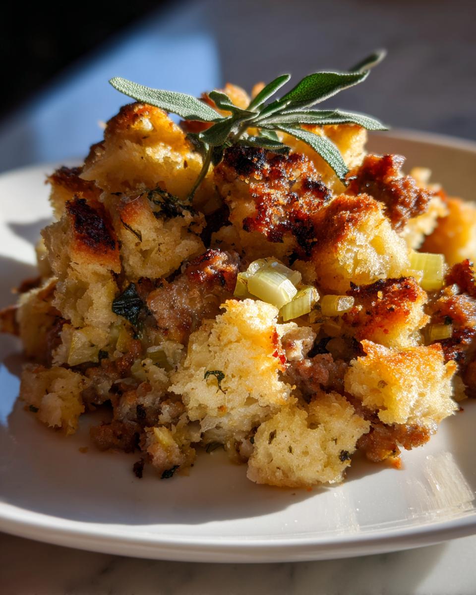 Close-up of golden brown sausage stuffing featuring bread cubes, celery, and topped with a fresh sage sprig.