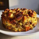 Close-up of a golden brown, crusty mound of sausage stuffing served on a white plate.