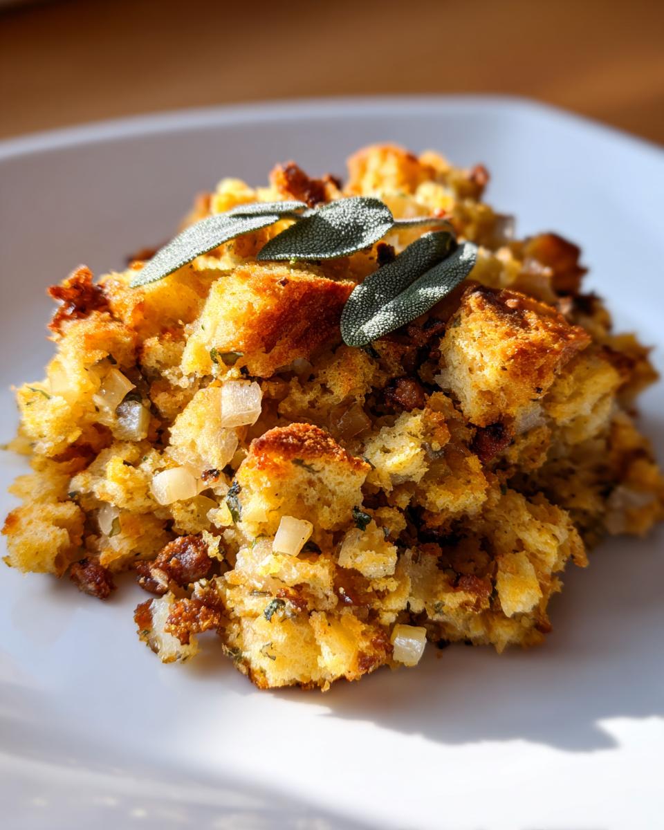 A close-up of a serving of golden brown sausage stuffing, topped with fresh sage leaves.