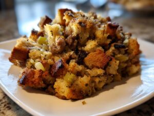 Close-up of a serving of golden brown sausage stuffing with visible bread cubes and celery.