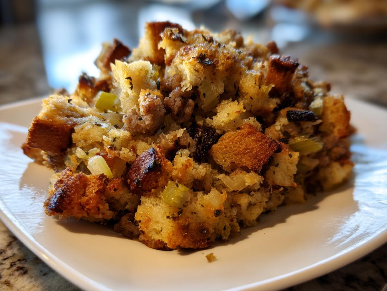 Close-up of a serving of golden brown sausage stuffing with visible bread cubes and celery.