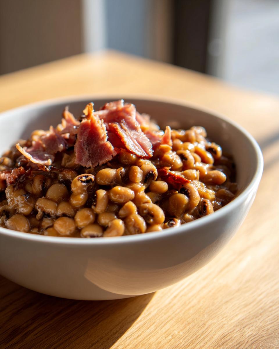 A close-up of a white bowl filled with rich, seasoned black eyed peas topped with crispy bacon pieces.