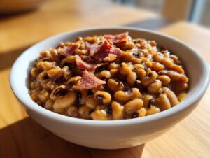 Close-up of a white bowl filled with creamy, savory black eyed peas topped with pieces of crispy bacon.