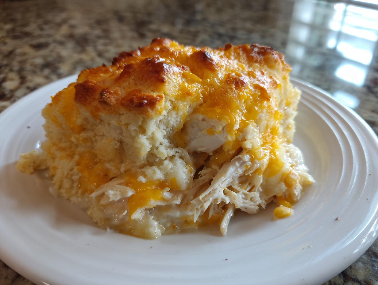 A close-up of a serving of savory chicken cobbler showing shredded chicken and a golden biscuit topping with melted cheddar cheese.