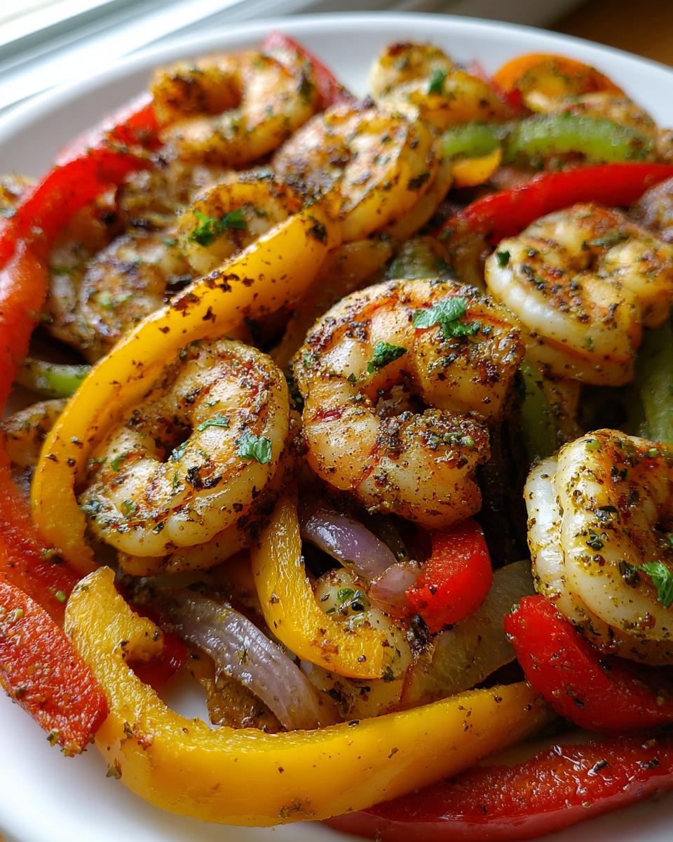 Close-up of perfectly cooked shrimp fajitas mixed with colorful bell peppers and onions, heavily seasoned.
