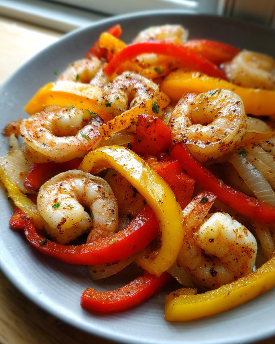 Close-up of perfectly cooked shrimp fajitas featuring seasoned shrimp mixed with vibrant red and yellow bell peppers and onions.