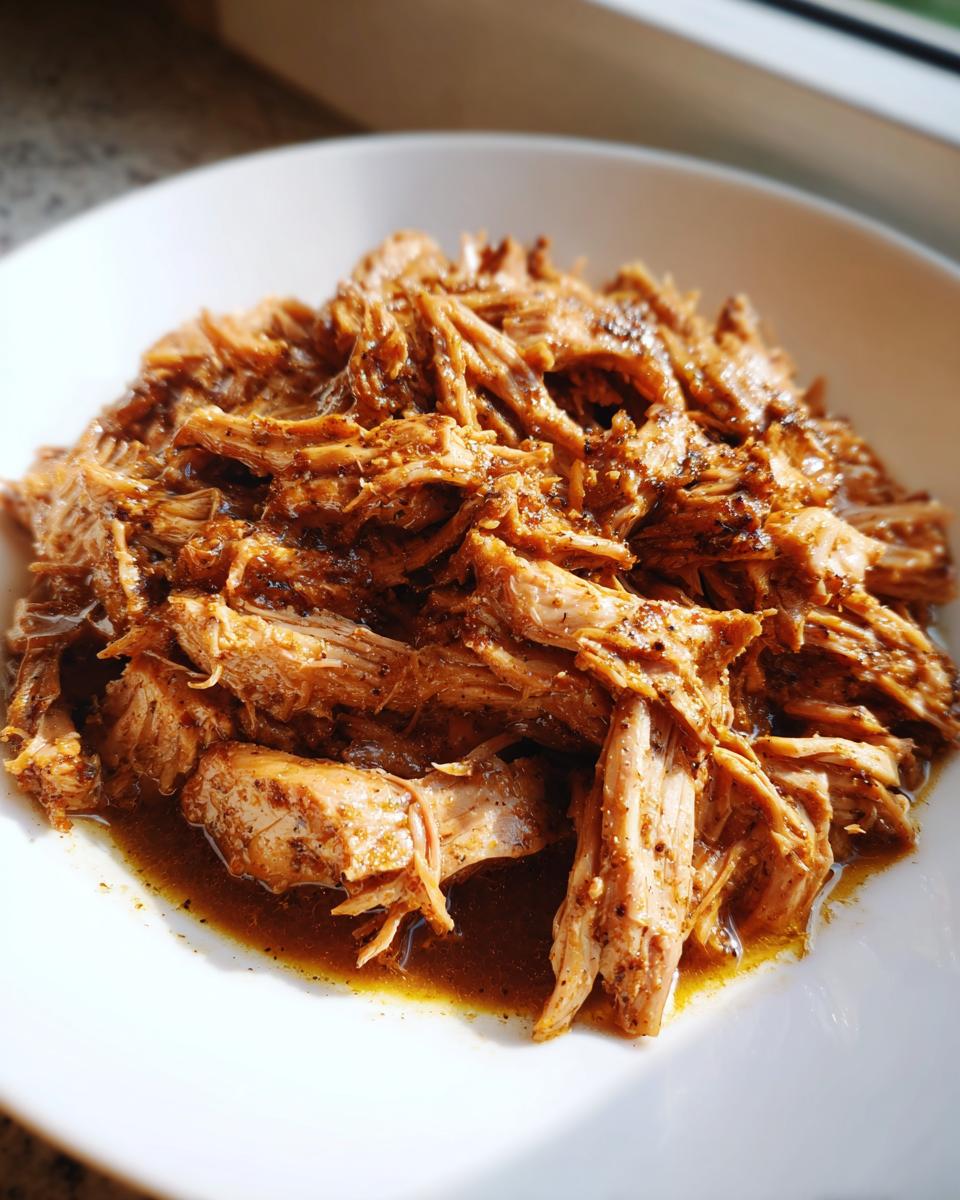 Close-up of tender, shredded Mississippi Pot Roast glistening in its rich juices on a white plate.