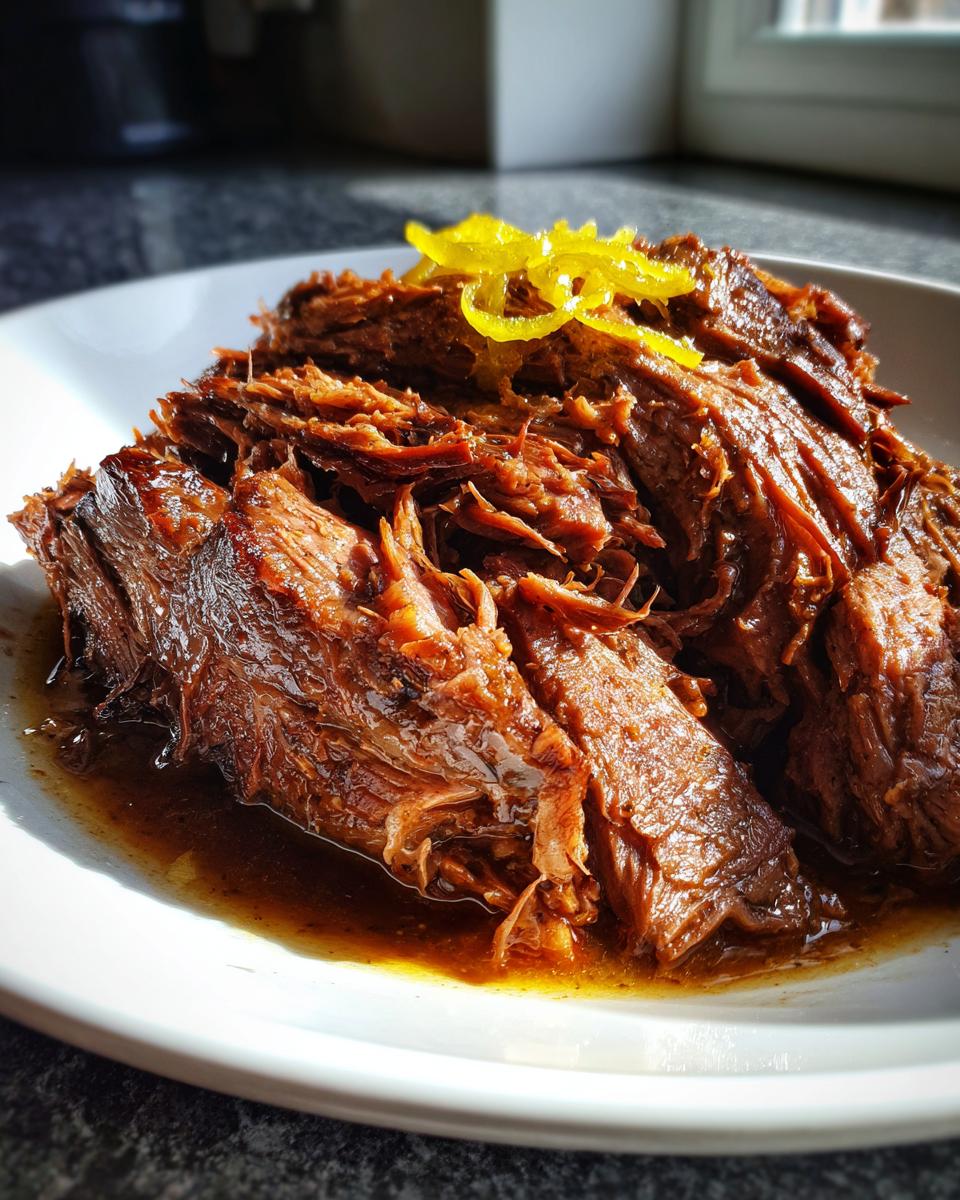 Close-up of juicy, shredded Mississippi Pot Roast served on a white plate with rich gravy and bright yellow pepperoncini strips.