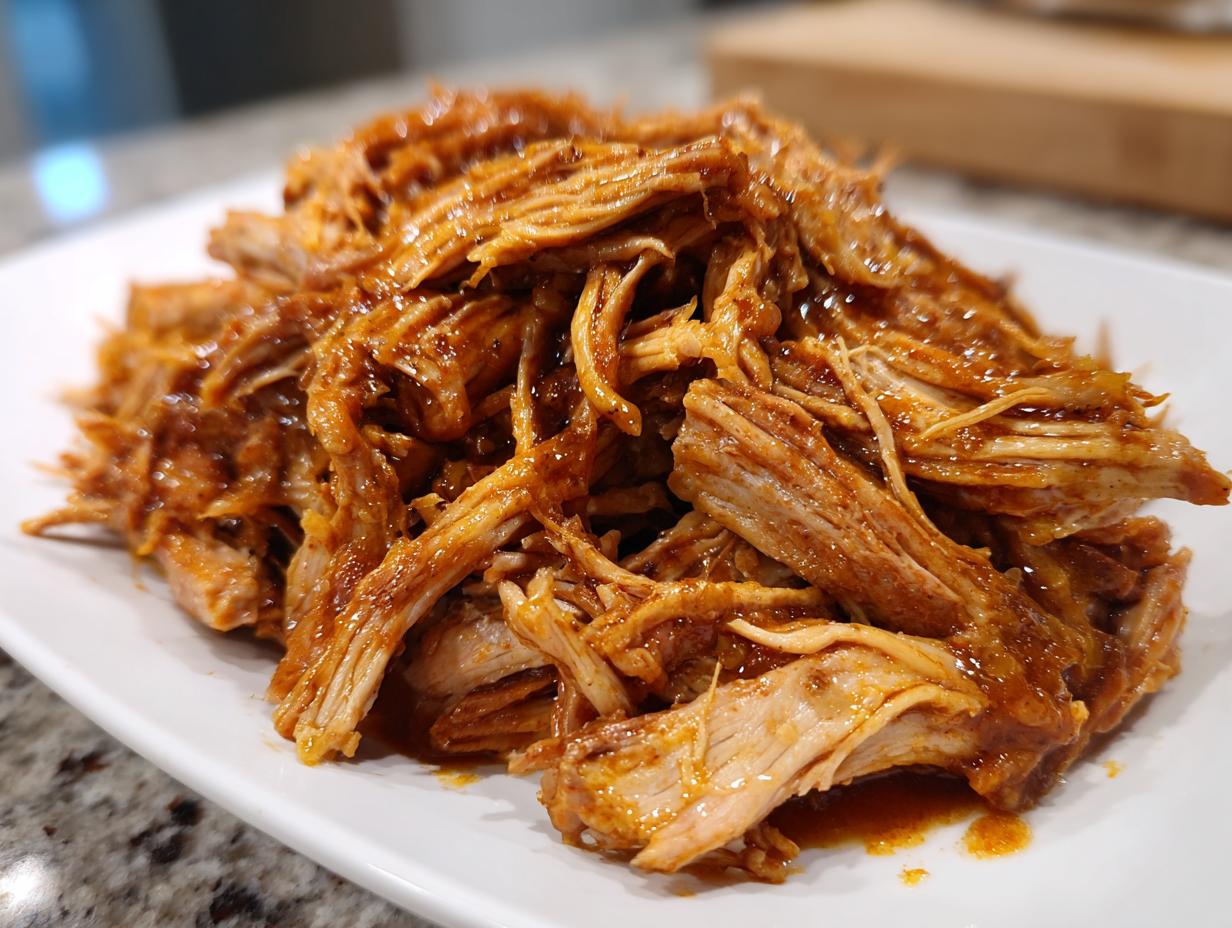 Close-up of tender, shredded Mississippi pot roast coated in savory sauce, served on a white platter.