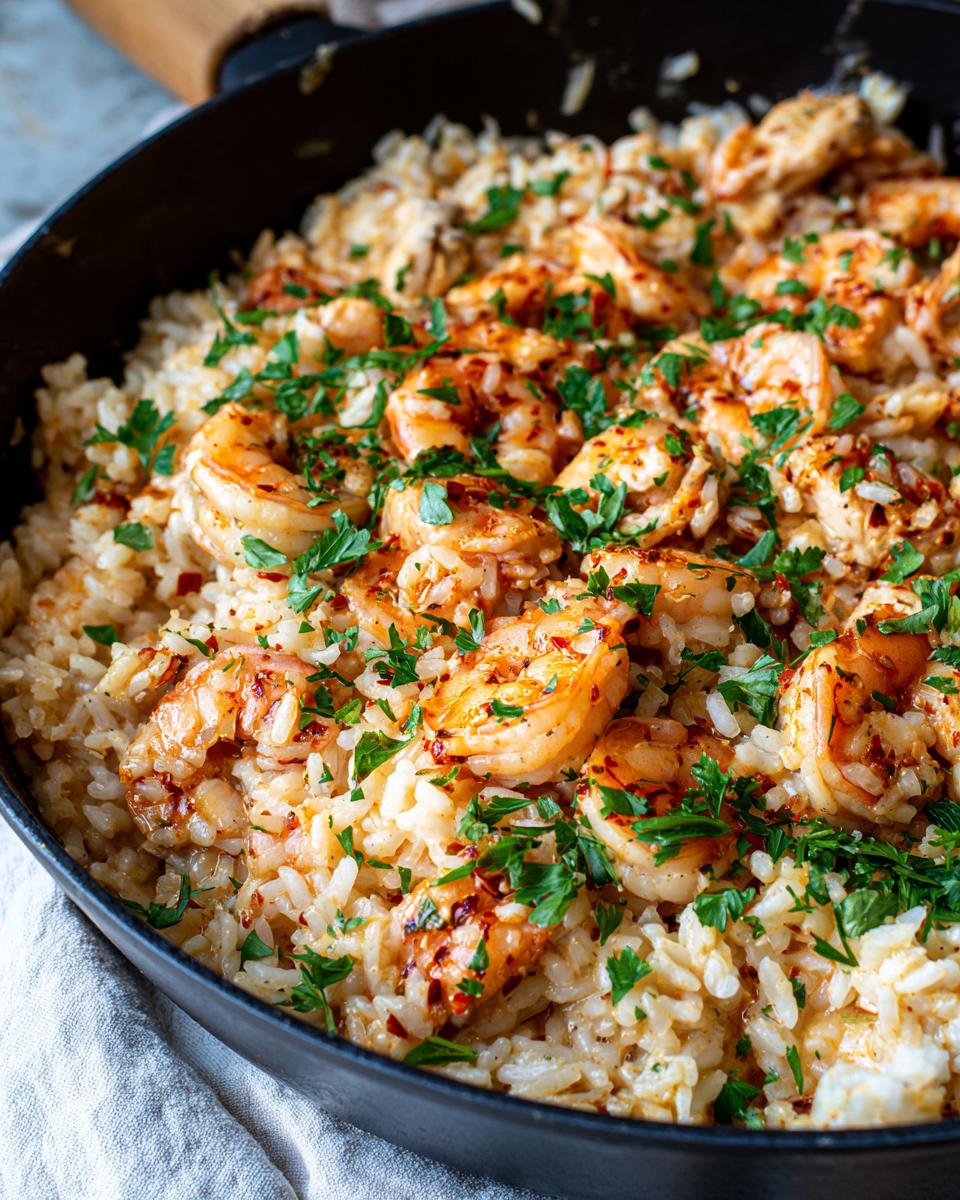 Close-up of shrimp served over creamy garlic parmesan rice, garnished with fresh parsley.
