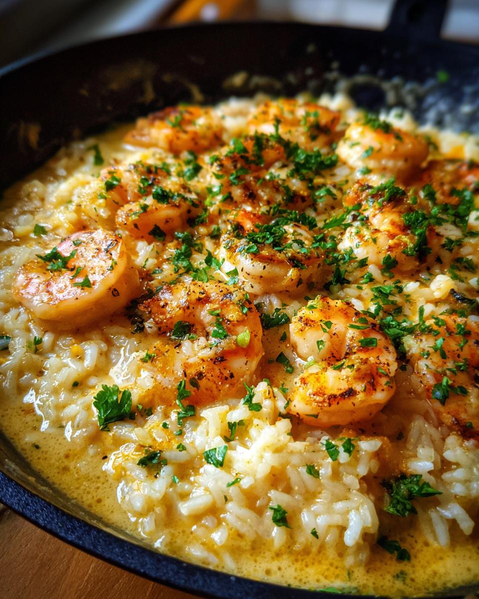 Close-up of seasoned shrimp served over creamy garlic parmesan rice, garnished with fresh parsley.