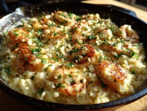 Close-up of seared shrimp served over creamy garlic parmesan rice, garnished with fresh parsley.