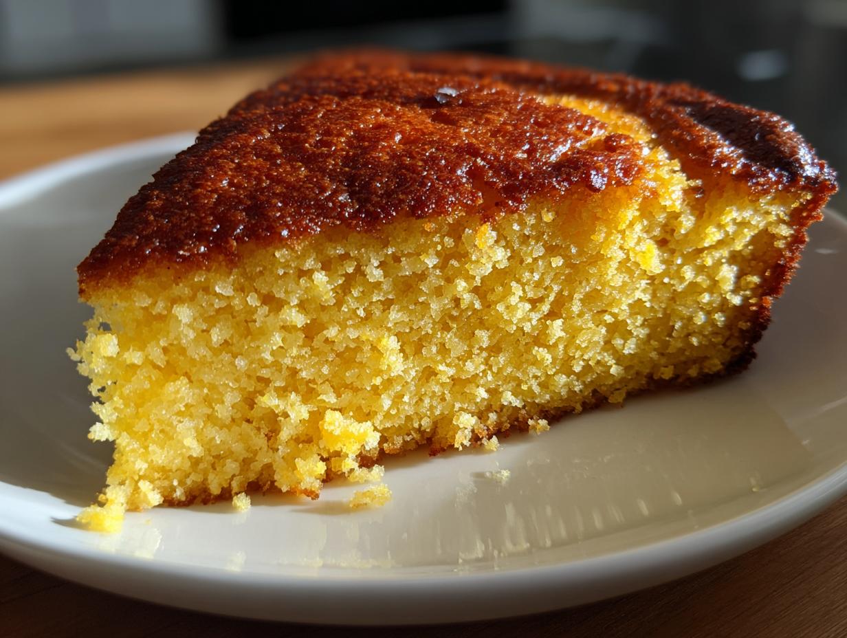 Close-up of a moist, golden slice of skillet cornbread with a beautifully browned, slightly caramelized crust.