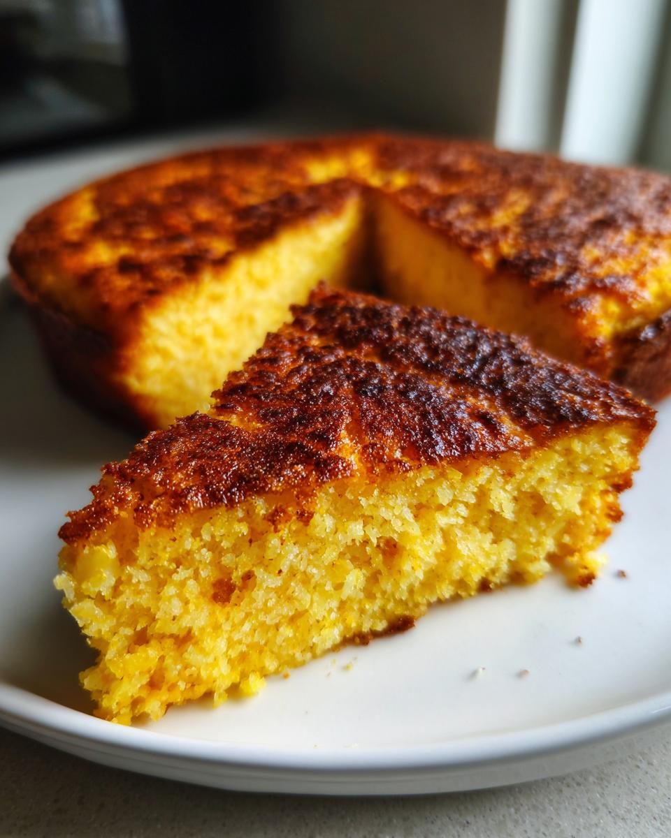 A close-up slice of moist, yellow skillet cornbread with a dark, caramelized crust served on a white plate.