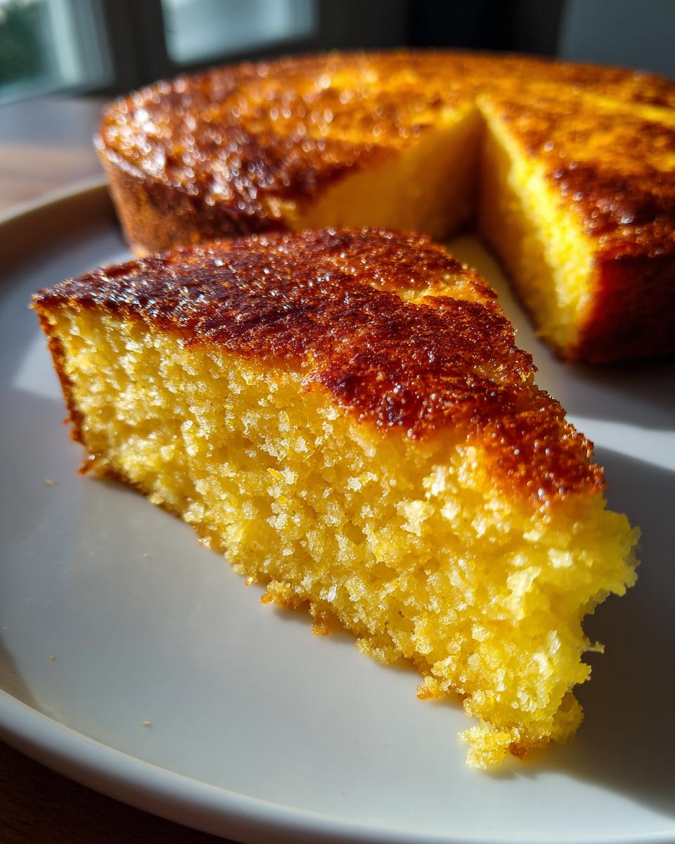 A close-up slice of golden yellow skillet cornbread with a dark, caramelized crust.
