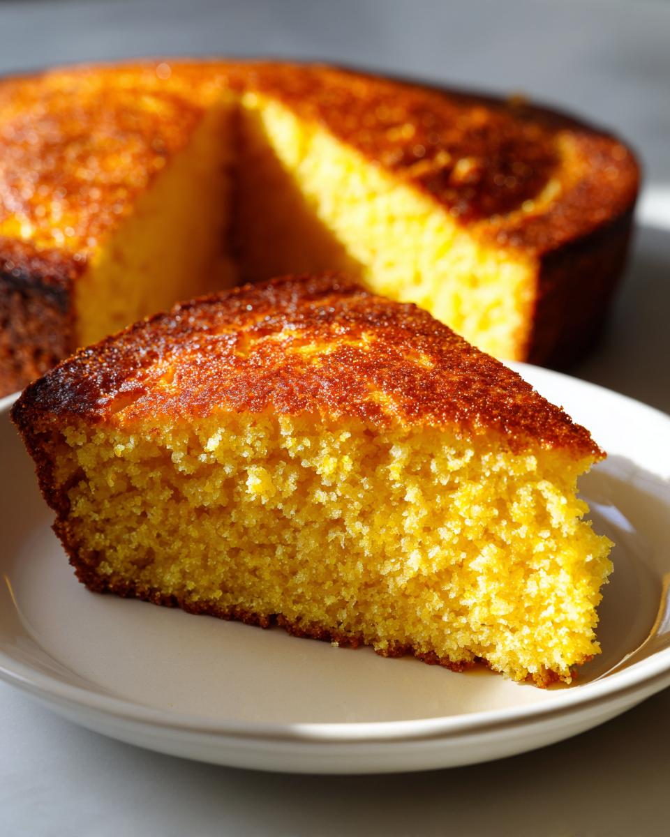 A thick slice of moist, golden skillet cornbread served on a white plate with the rest of the loaf blurred in the background.