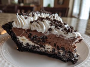 Close-up of a decadent slice of layered ice cream pie with chocolate mousse, cream, and cookie crust.