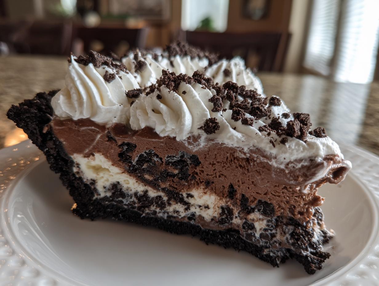 Close-up of a decadent slice of layered ice cream pie with chocolate mousse, cream, and cookie crust.