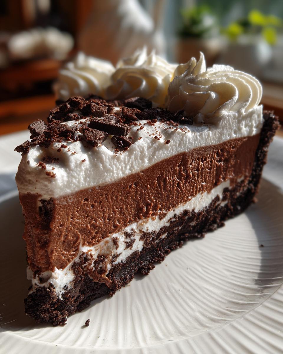 A decadent slice of chocolate ice cream pie featuring a dark crust, two layers of chocolate filling, and whipped cream topped with cookie crumbles.
