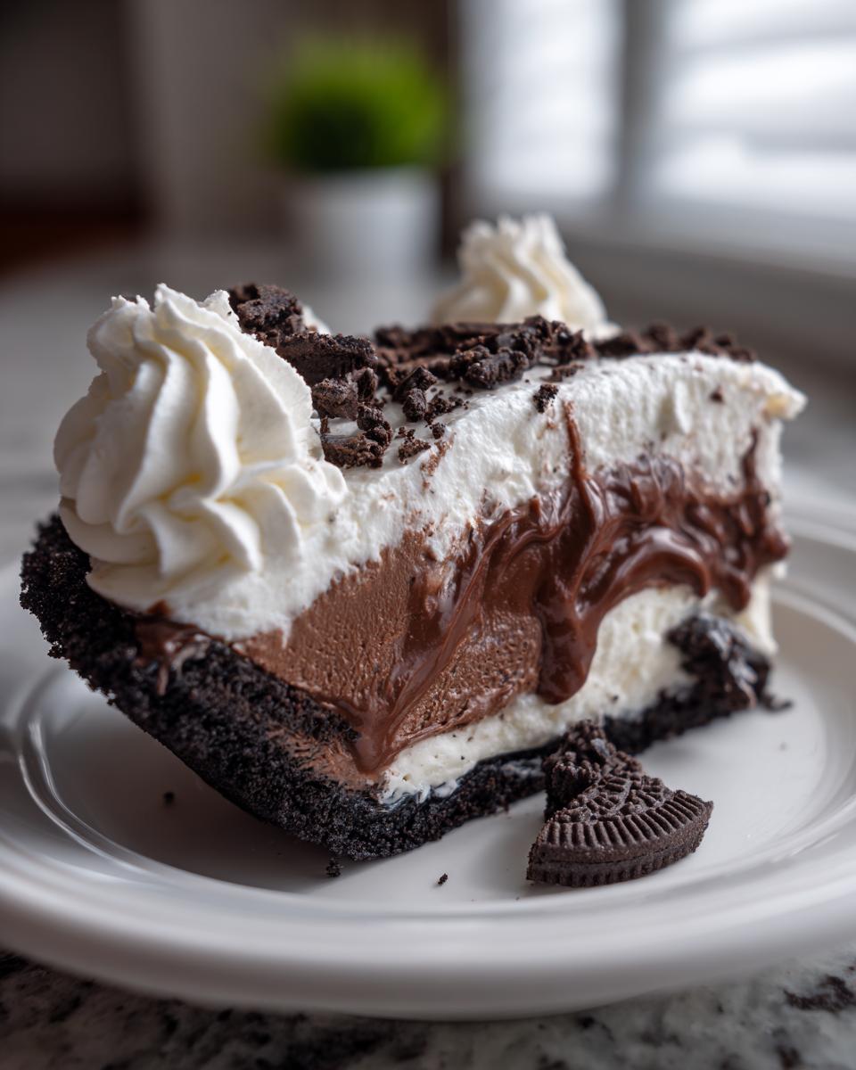 A decadent slice of chocolate ice cream pie featuring a dark cookie crust, layers of filling, and topped with whipped cream and cookie crumbles.