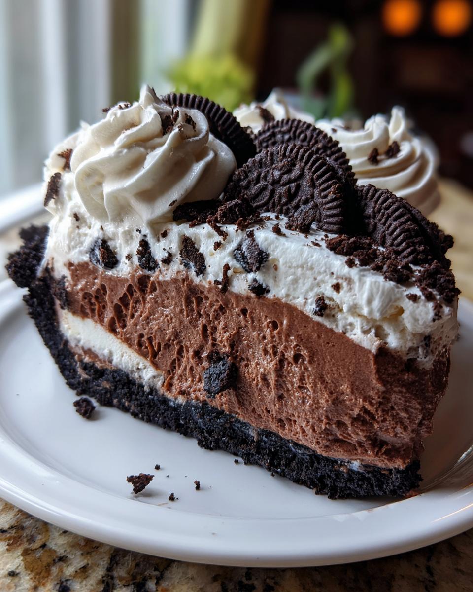 A decadent slice of chocolate ice cream pie featuring layers of mousse, whipped cream, and whole Oreo cookies.