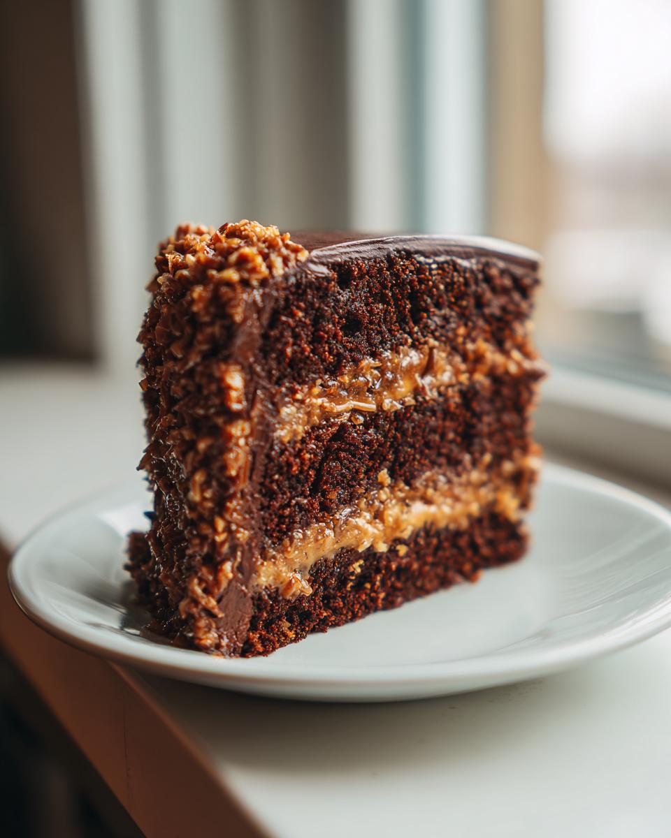 Close-up of a rich slice of german chocolate cake with layers of dark cake and coconut-pecan filling.