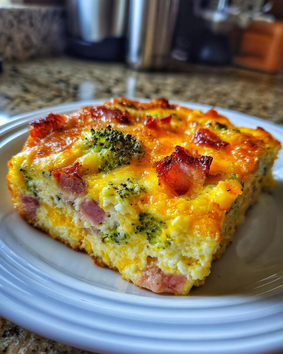 Close-up of a hearty slice of egg bake with visible ham, broccoli florets, and melted cheddar cheese topping.