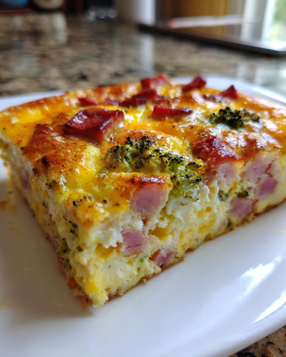 Close-up of a hearty slice of ham and broccoli egg bake showing fluffy baked eggs, pink ham chunks, and green broccoli florets.
