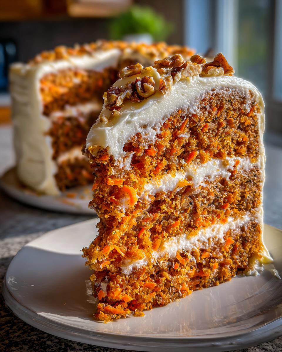 A thick slice of moist carrot cake recipe showing layers of shredded carrots, cream cheese frosting, and topped with walnuts.