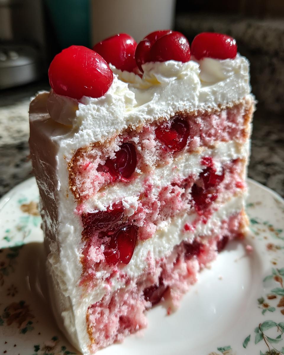 A tall slice of pink layered cherry cake filled with cream and whole cherries, topped with whipped cream and maraschino cherries.