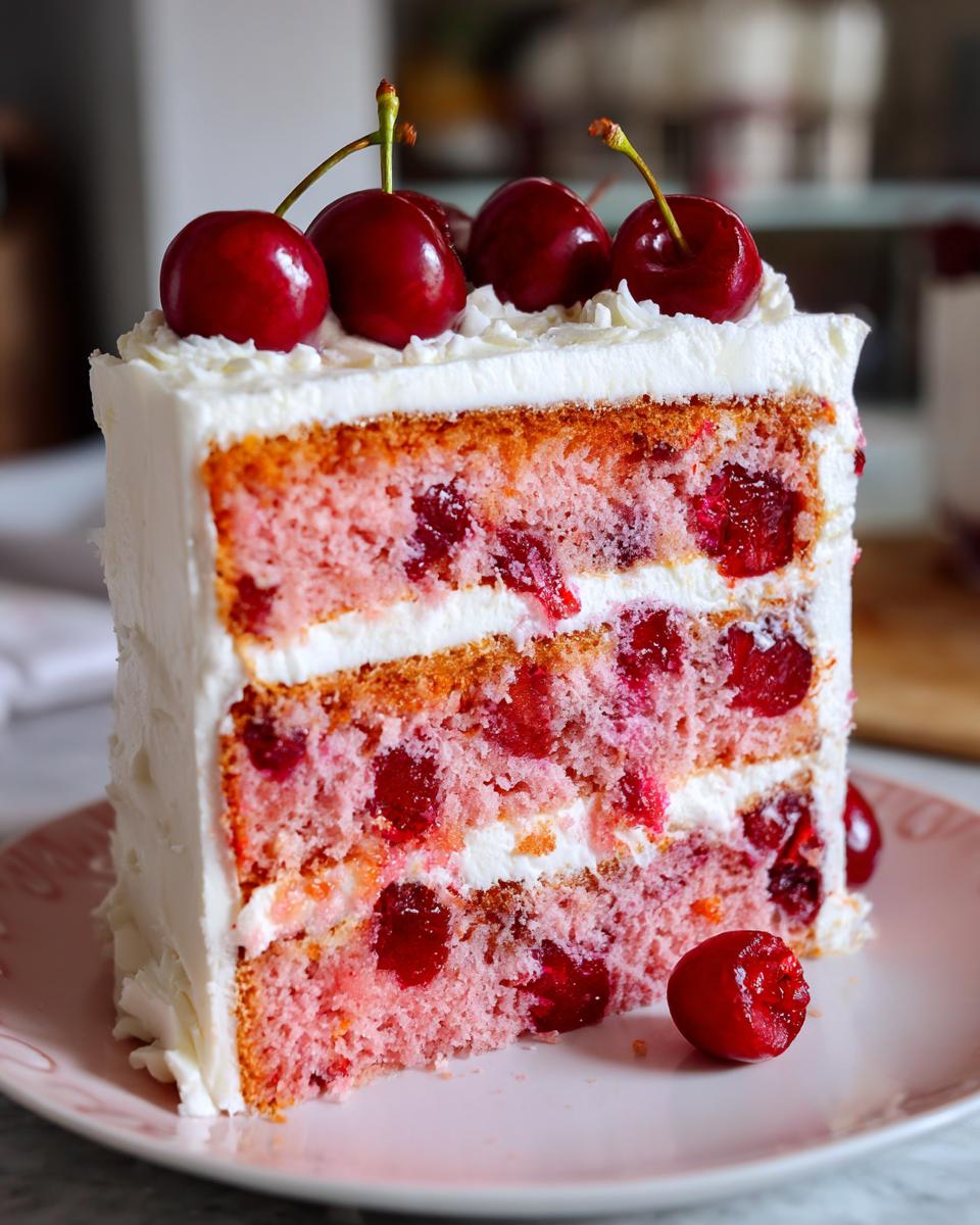 A tall slice of pink layered Cherry cake filled with whole cherries and white frosting, topped with fresh cherries.