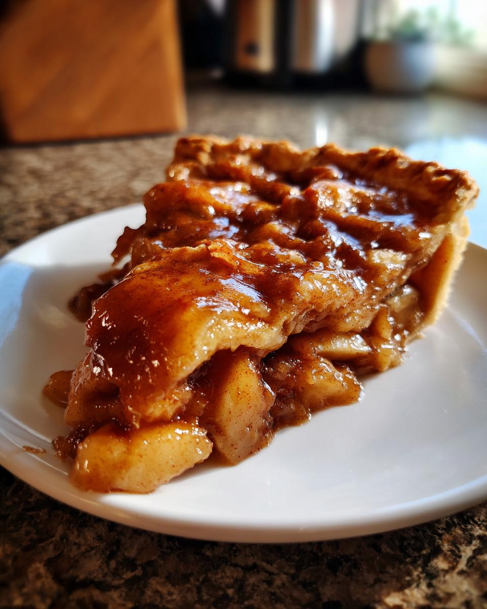 Close-up of a thick slice of pie showcasing the gooey, spiced apple pie filling and flaky crust.
