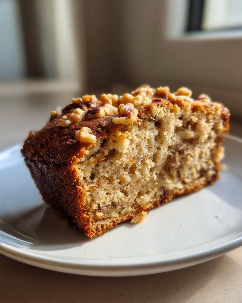 A moist slice of banana bread recipe topped with crunchy walnuts, sitting on a white plate.