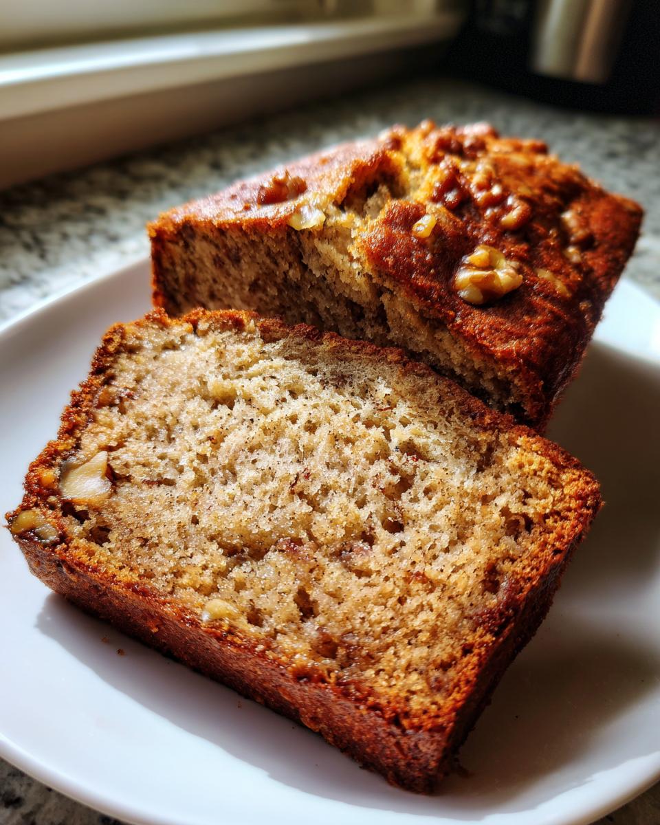 Two slices of moist banana bread recipe, topped with walnuts, resting on a white plate.