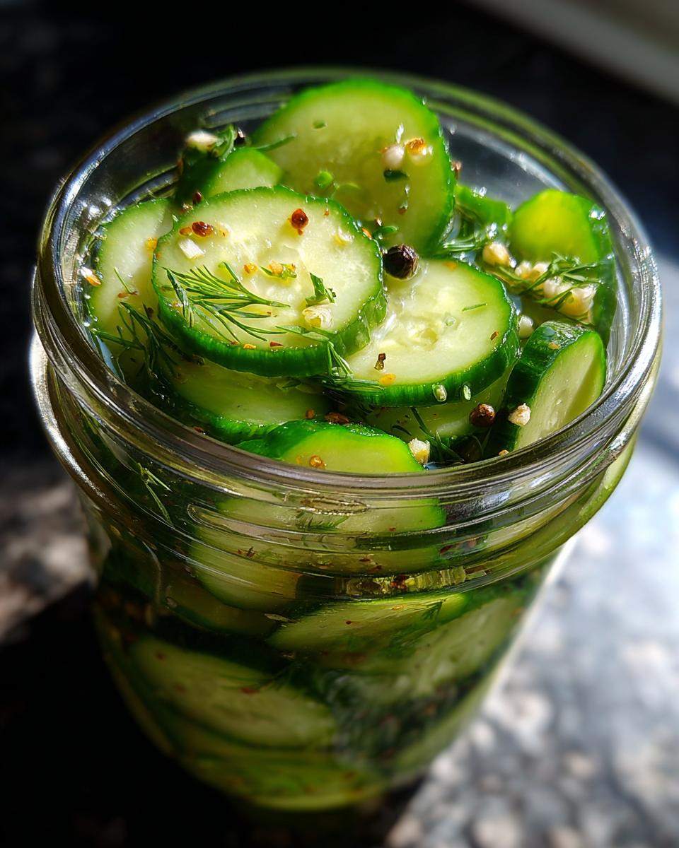 Close-up of sliced cucumbers packed in a jar for refrigerator pickles, seasoned with dill and visible spices.
