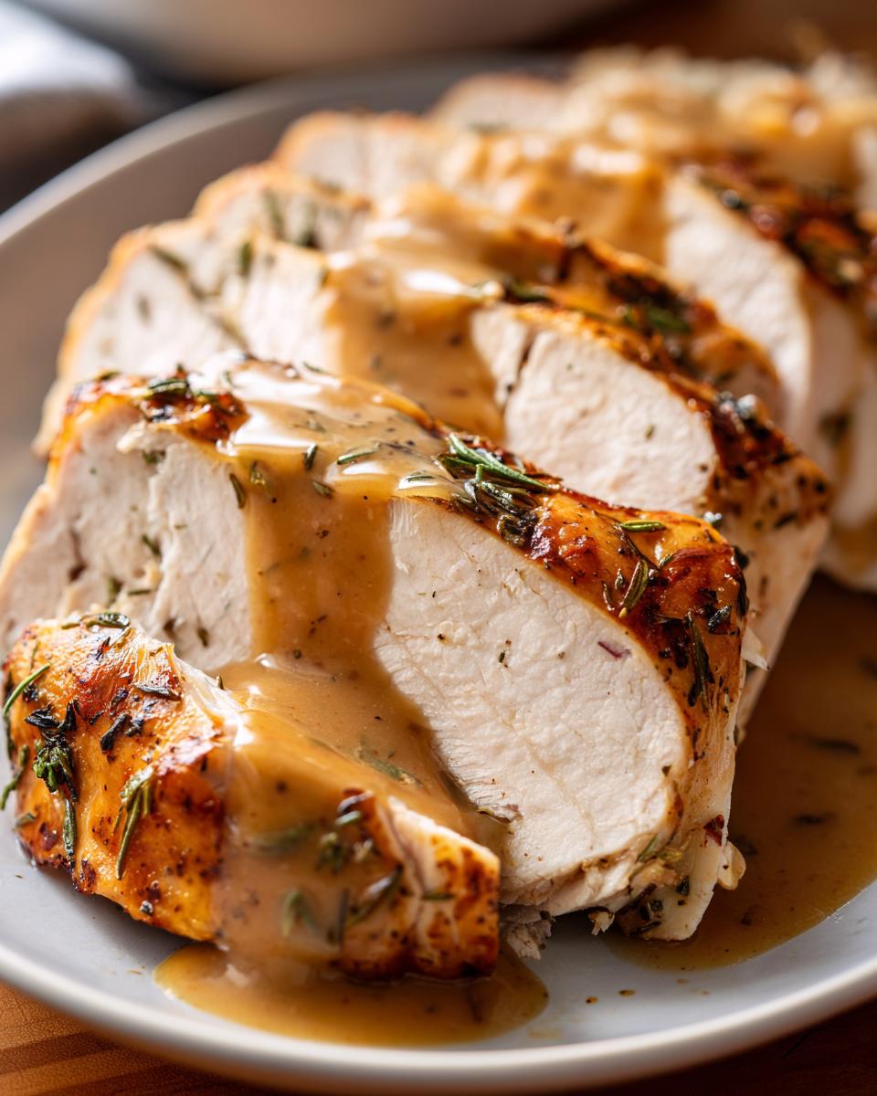 Close-up of sliced slow cooker turkey breast covered in savory brown gravy and fresh rosemary.