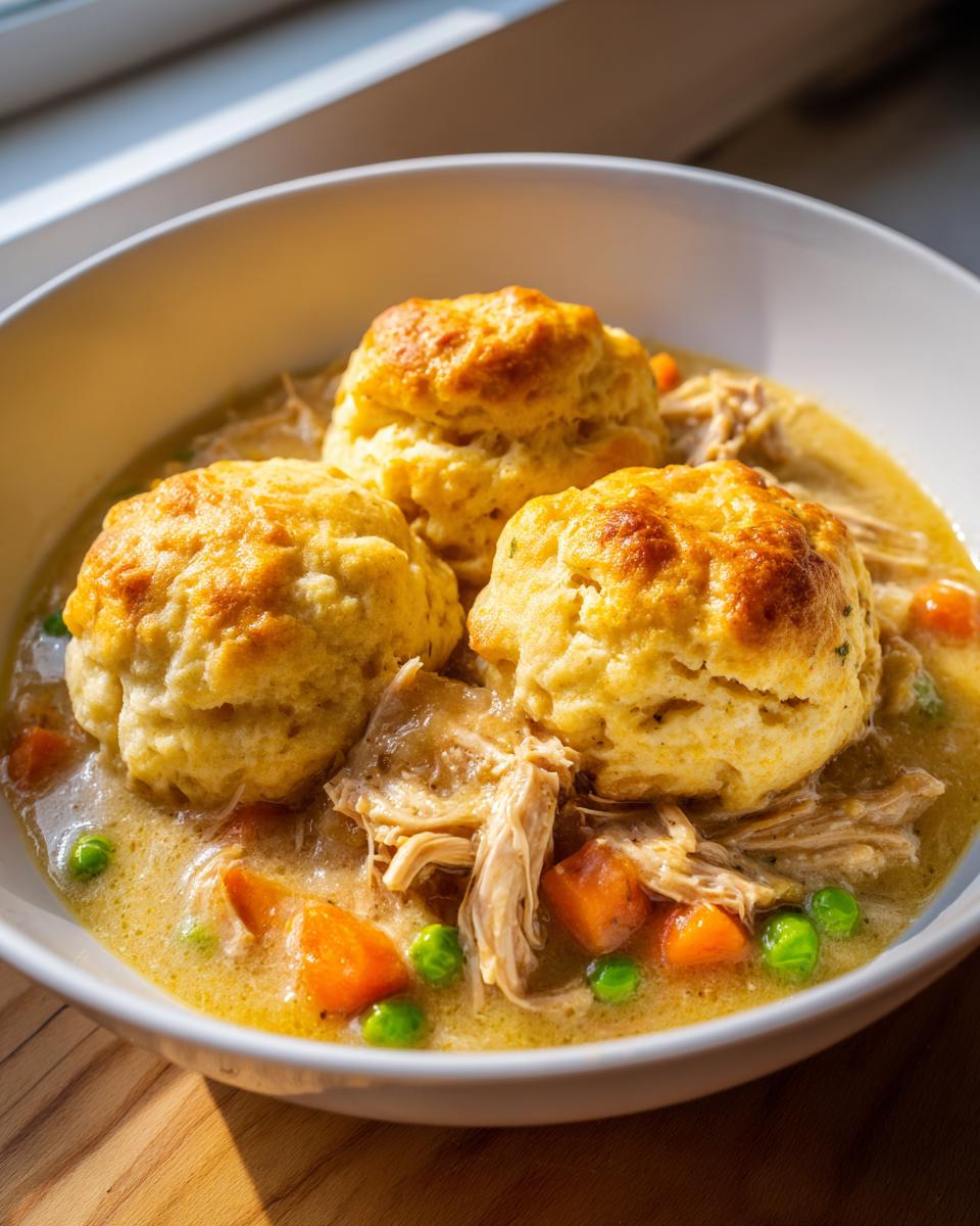 Close-up of three golden, fluffy biscuits topping a rich stew of shredded chicken, carrots, and peas in slow cooker chicken and dumplings.