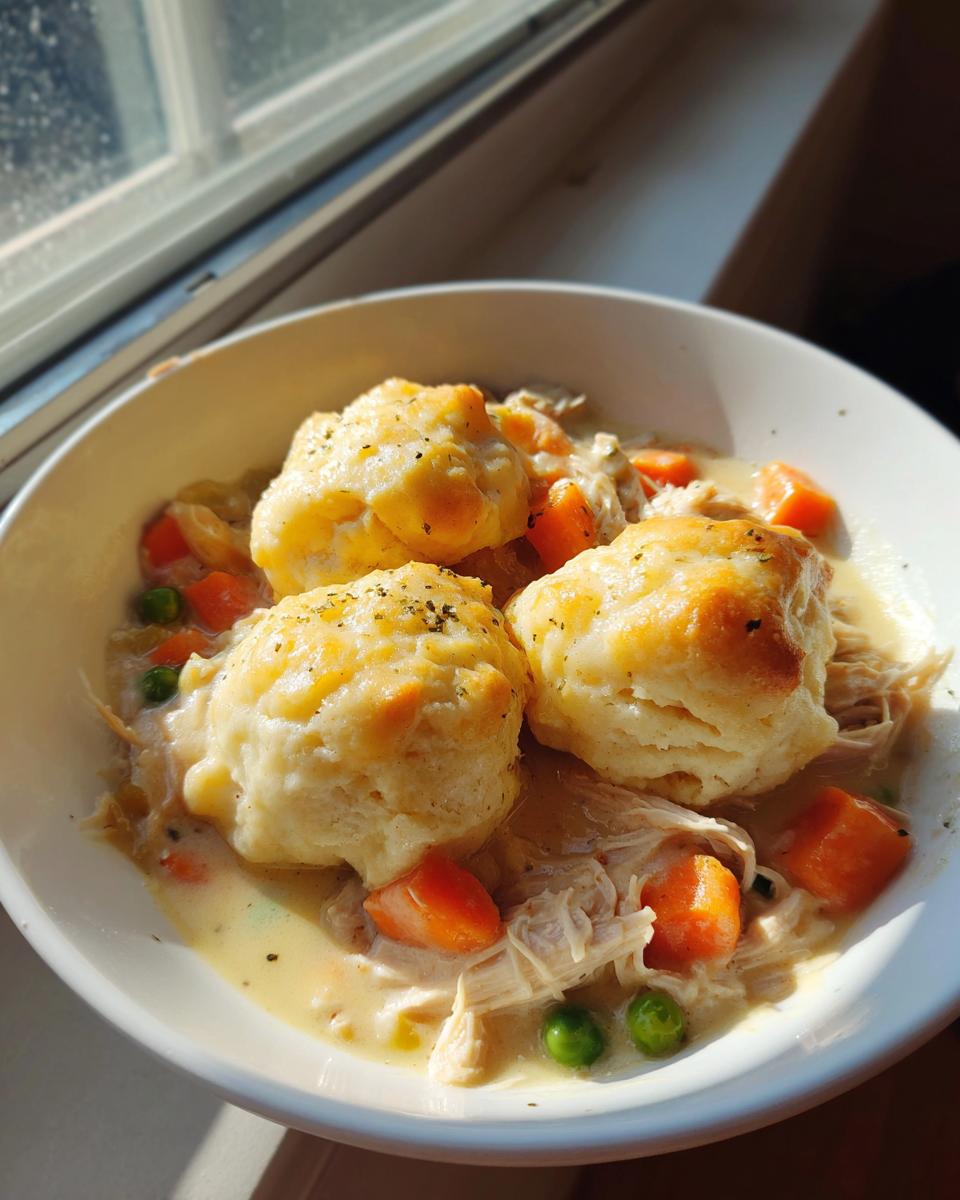 A close-up of a bowl of creamy slow cooker chicken and dumplings, topped with three fluffy biscuits and vegetables.