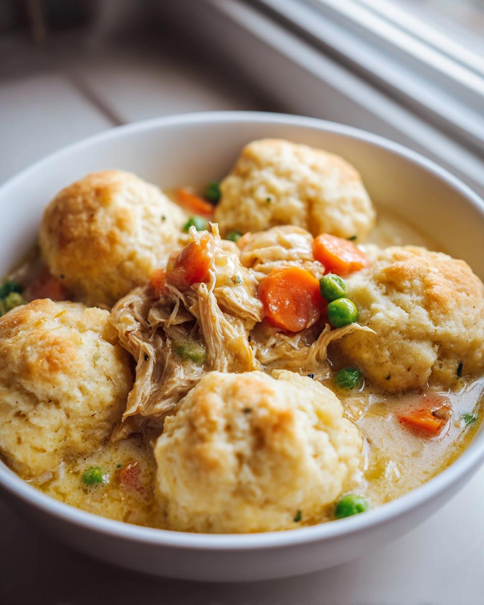 Close-up of a white bowl filled with creamy slow cooker chicken and dumplings, featuring shredded chicken, carrots, and peas.