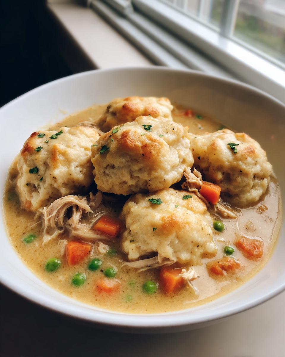 A close-up of a white bowl filled with creamy slow cooker chicken and dumplings, topped with fluffy dumplings and herbs.