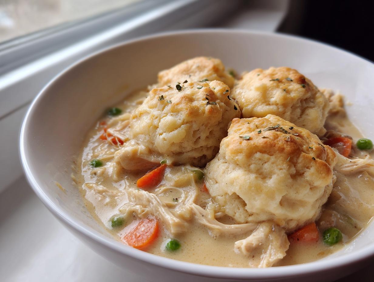 A close-up of creamy slow cooker chicken and dumplings topped with fluffy biscuits in a white bowl.