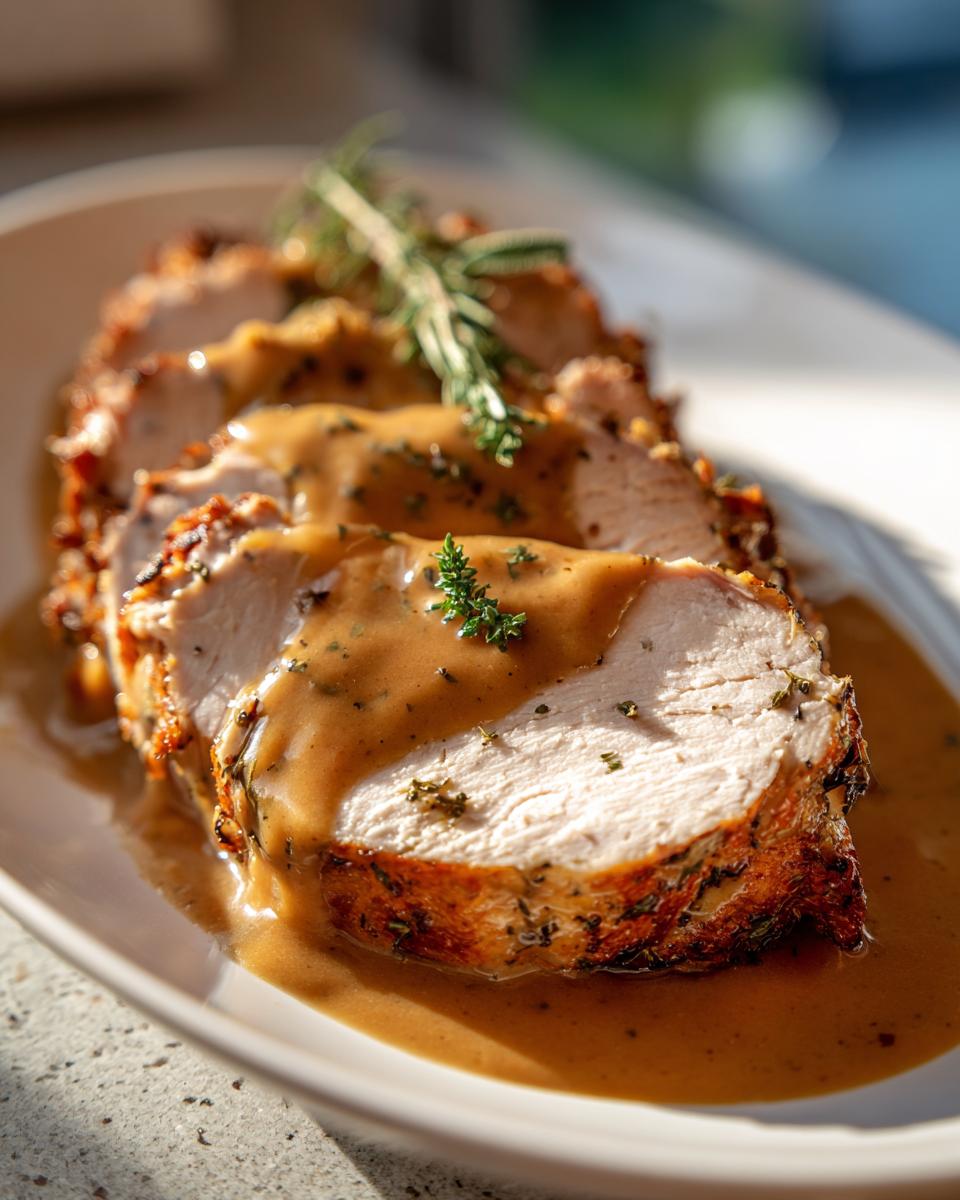 Close-up of perfectly cooked, sliced slow cooker turkey breast covered in savory brown gravy and garnished with rosemary.