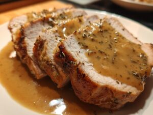Close-up of thick slices of juicy slow cooker turkey breast covered in savory herb gravy.