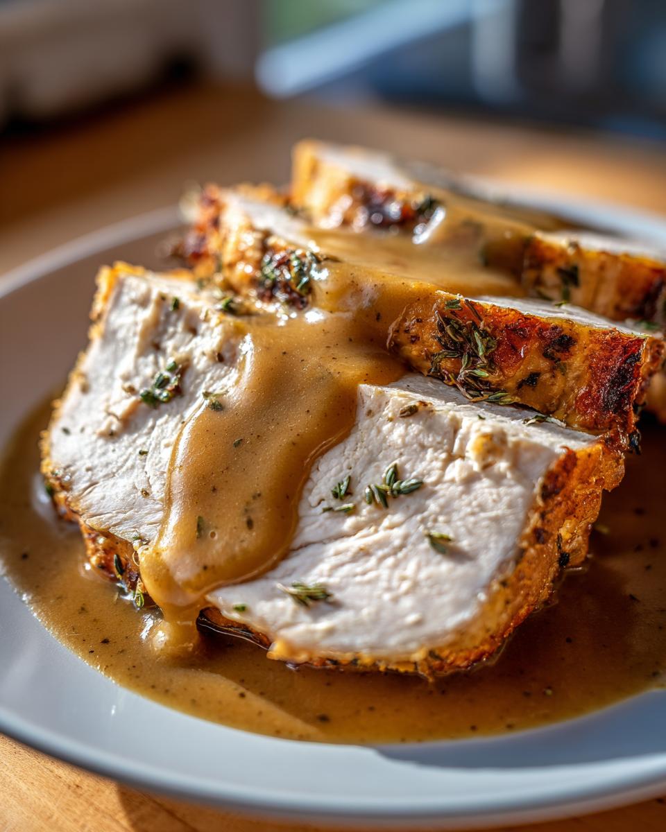 Close-up of three thick slices of juicy slow cooker turkey breast covered in brown gravy and fresh herbs.