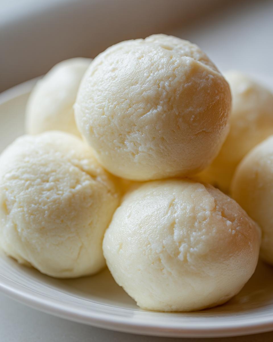Close-up of several smooth, white balls of freshly made fufu dough stacked on a white plate.
