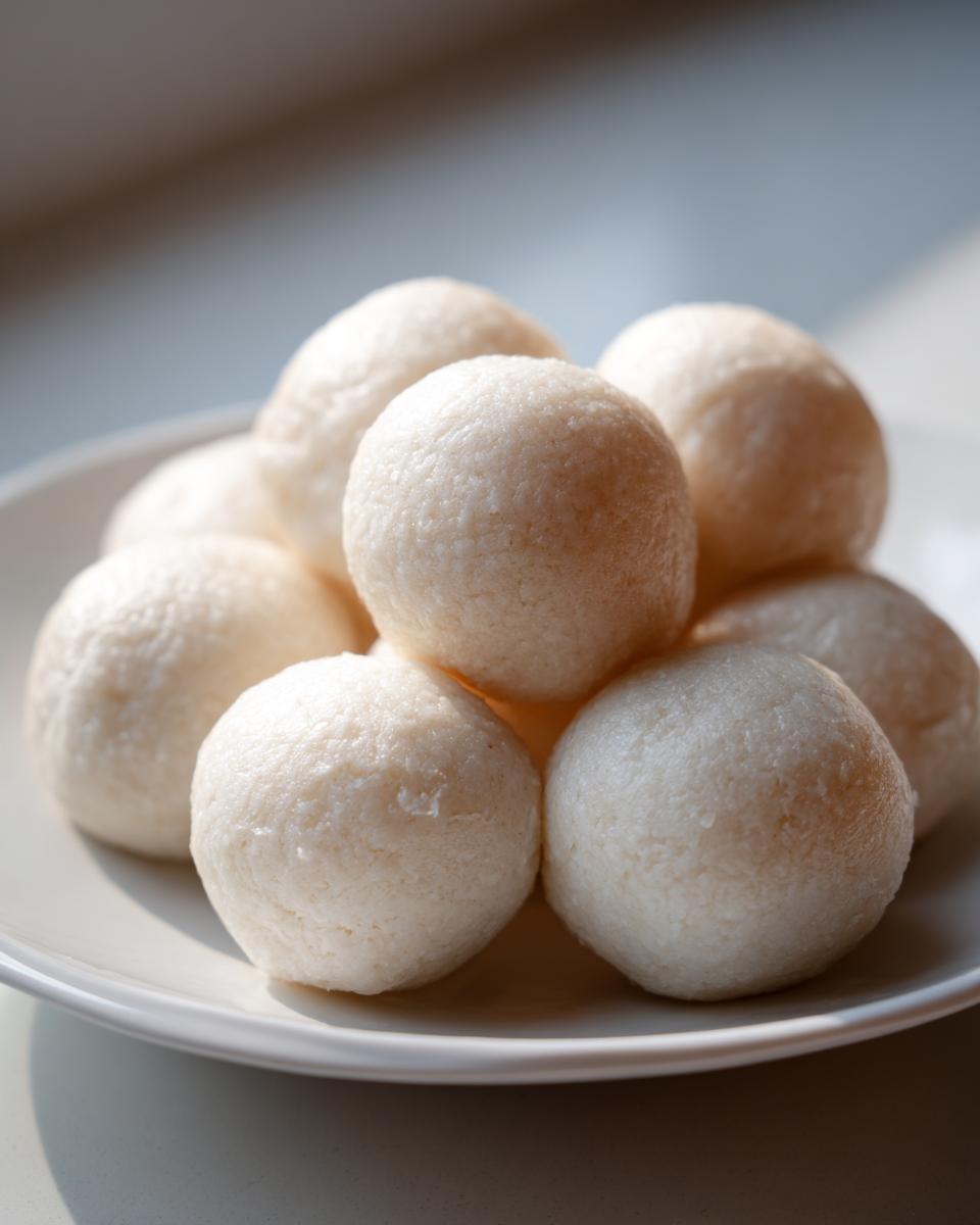 A close-up of several smooth, white balls of fufu dough stacked on a white plate.